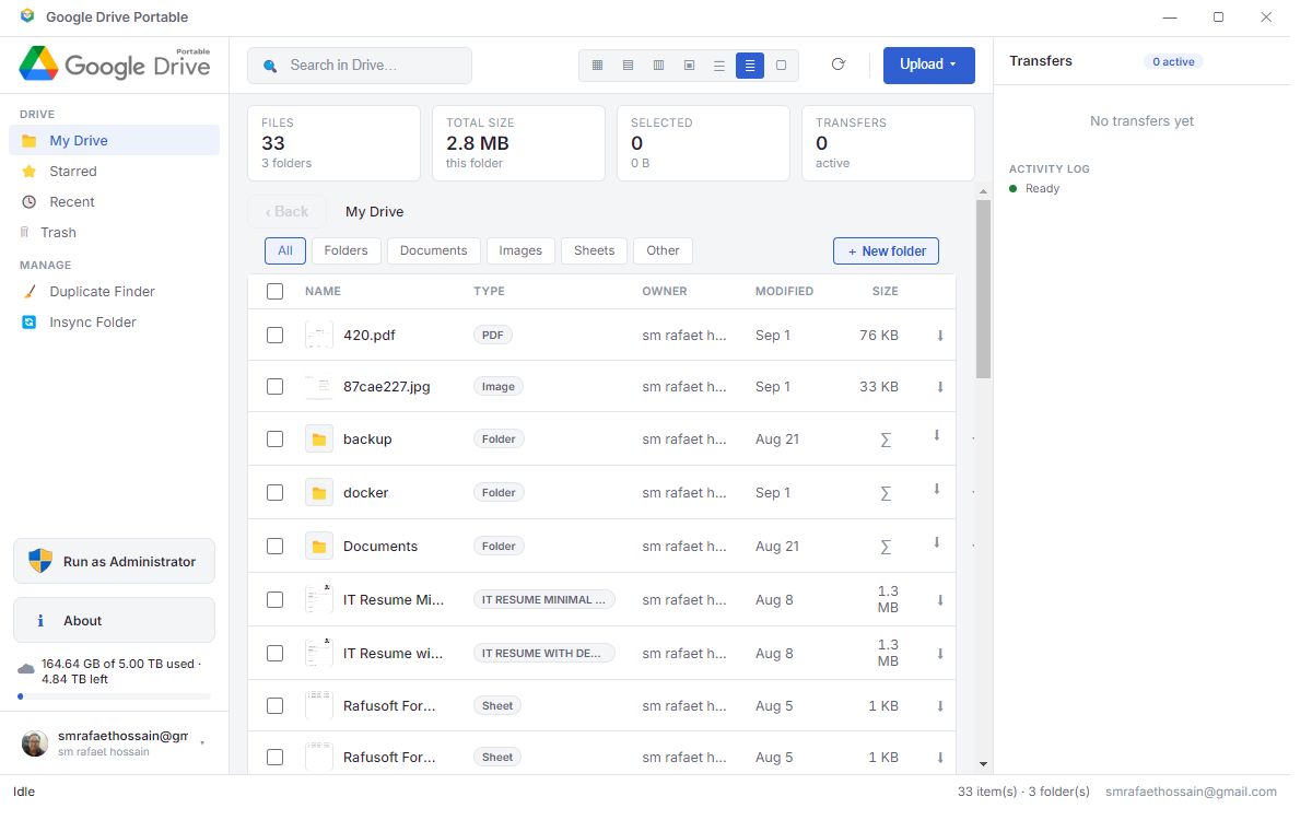 Google Drive Portable v0.1.0 window showing the My Drive dashboard