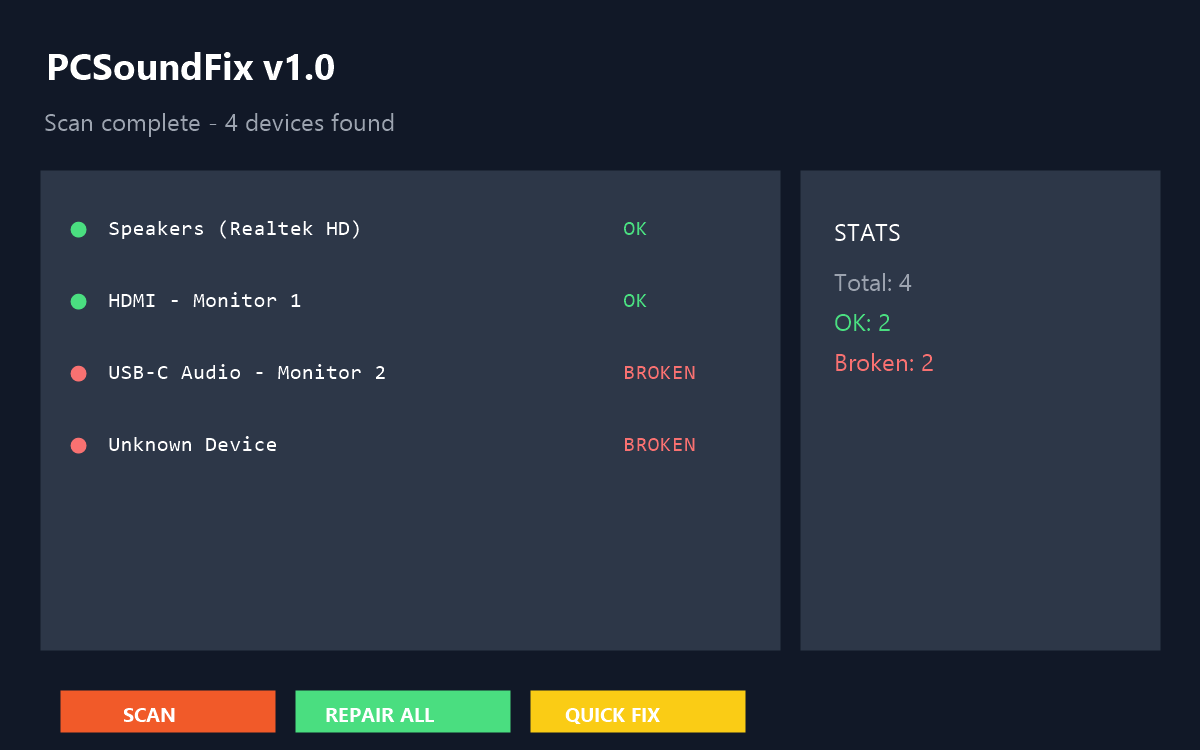 PC Sound Fix v1.0 window showing audio device scan results